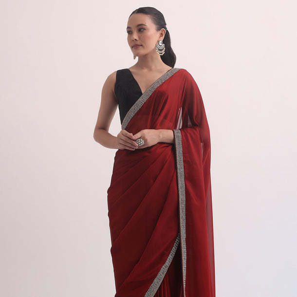 Maroon Red Satin Saree In Stone Embroidery With Unstitched Blouse