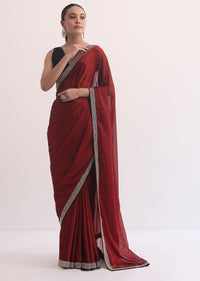 Maroon Red Satin Saree In Stone Embroidery With Unstitched Blouse