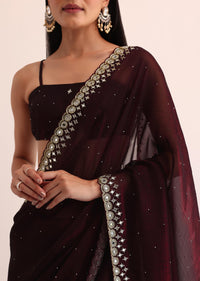 Maroon Red Satin Saree With Mirror Embroidery And Unstitched Blouse