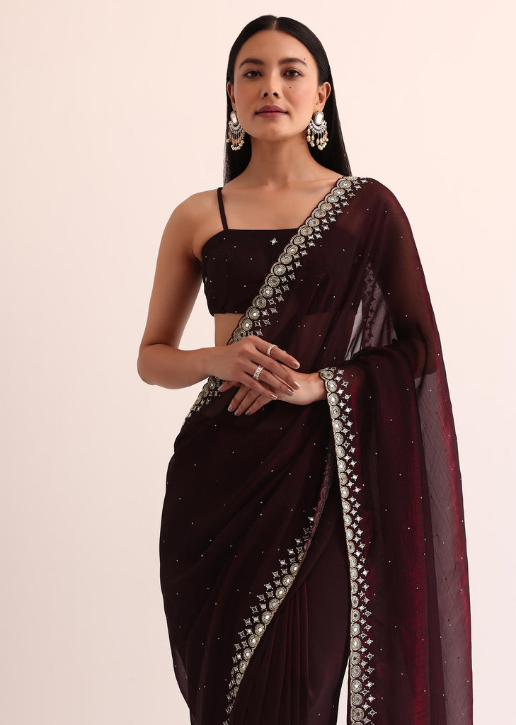 Maroon Red Satin Saree With Mirror Embroidery And Unstitched Blouse