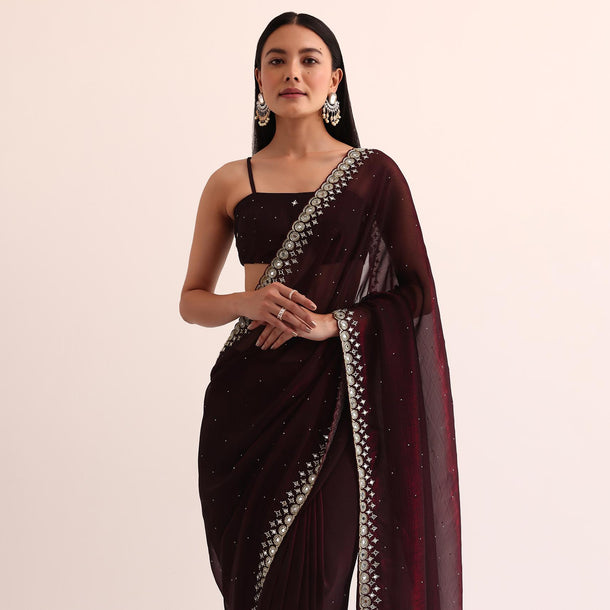 Maroon Red Satin Saree With Mirror Embroidery And Unstitched Blouse