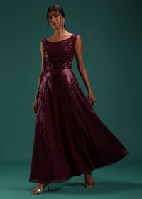 Maroon Red Sequins Embellished Gown In Georgette