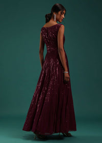 Maroon Red Sequins Embellished Gown In Georgette