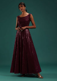 Maroon Red Sequins Embellished Gown In Georgette