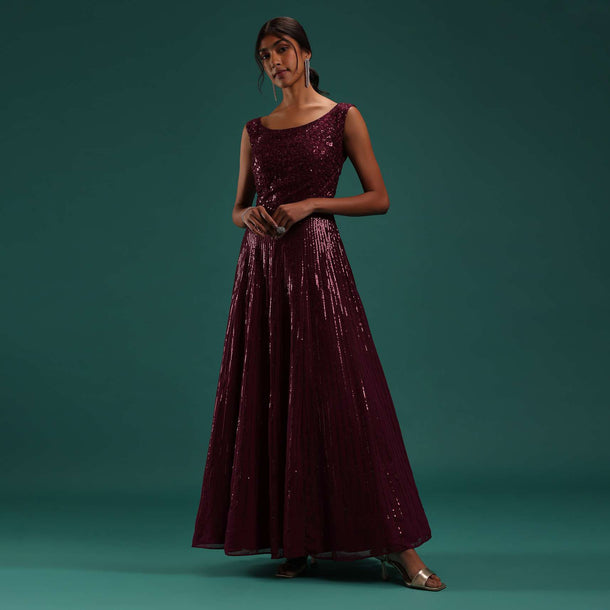 Maroon Red Sequins Embellished Gown In Georgette