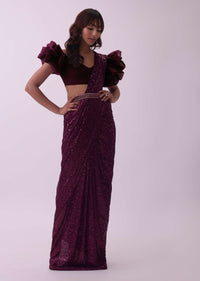 Maroon Red Sequins Saree With Fancy Flower Shaped Blouse