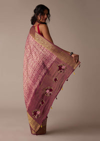 Maroon Red Shibori Saree In Tussar With Block Print With Zari Border