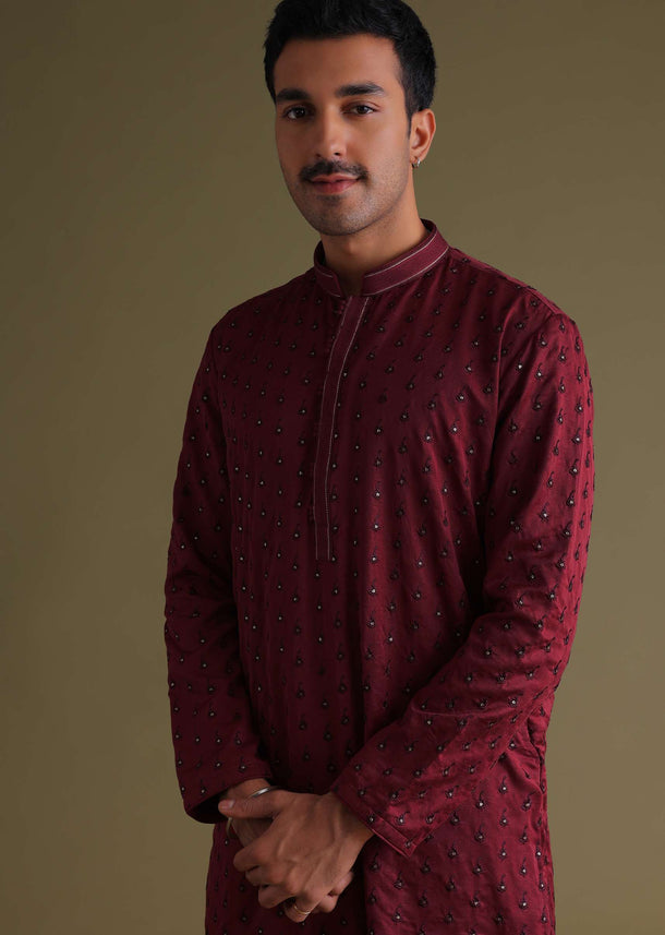 Maroon Red Thread-Embroidered Festive Kurta Set In Silk With Motif Work