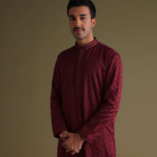 Maroon Red Thread-Embroidered Festive Kurta Set In Silk With Motif Work