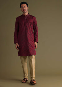 Maroon Red Thread-Embroidered Festive Kurta Set In Silk With Motif Work