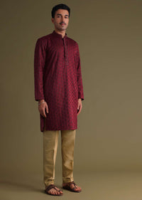Maroon Red Thread-Embroidered Festive Kurta Set In Silk With Motif Work