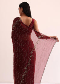 Maroon Red Tissue Saree With Cut Dana Embroidery And Unstitched Blouse