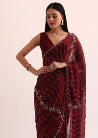 Maroon Red Tissue Saree With Cut Dana Embroidery And Unstitched Blouse
