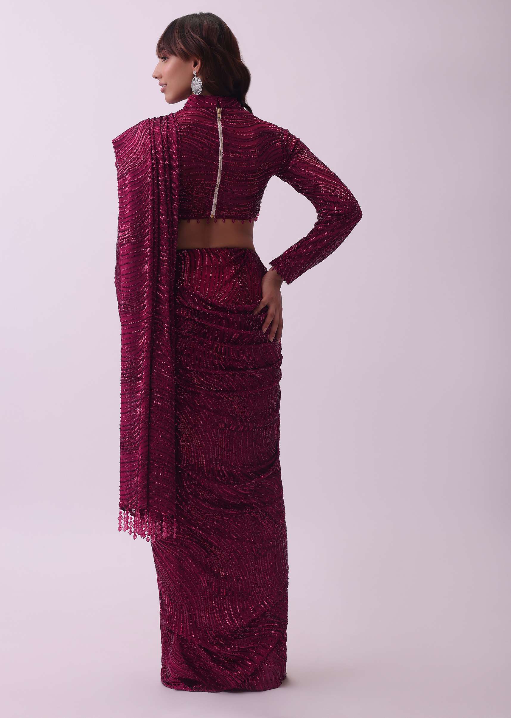 Maroon Red Sequins Saree And Blouse With Tassels And Crystals