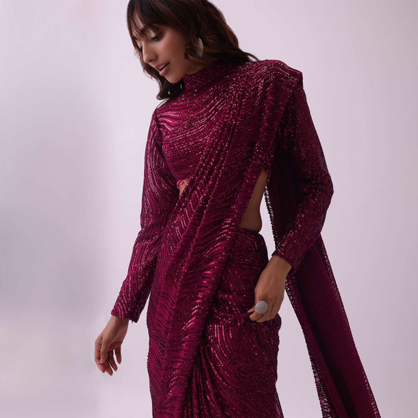 Maroon Red Sequins Saree And Blouse With Tassels And Crystals