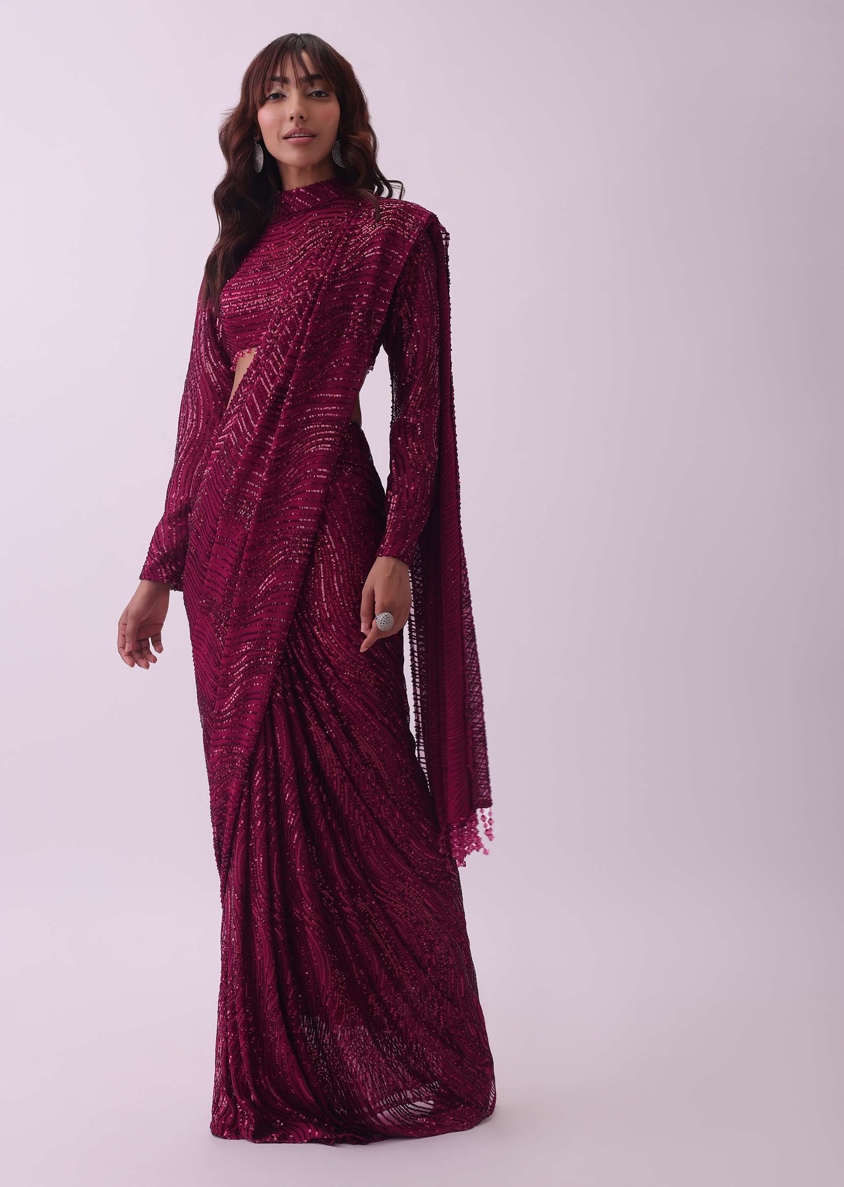 Maroon Red Sequins Saree And Blouse With Tassels And Crystals