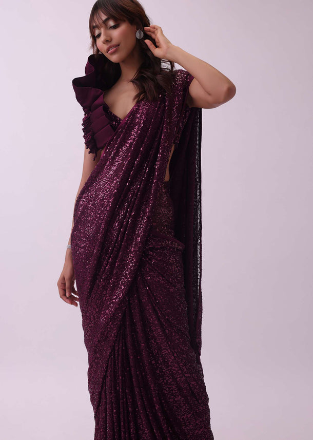 Maroon Red Sequins Saree And Blouse With Pearl Detailing