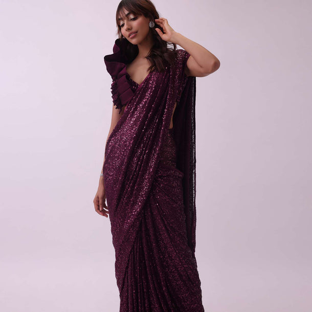 Maroon Red Sequins Saree And Blouse With Pearl Detailing