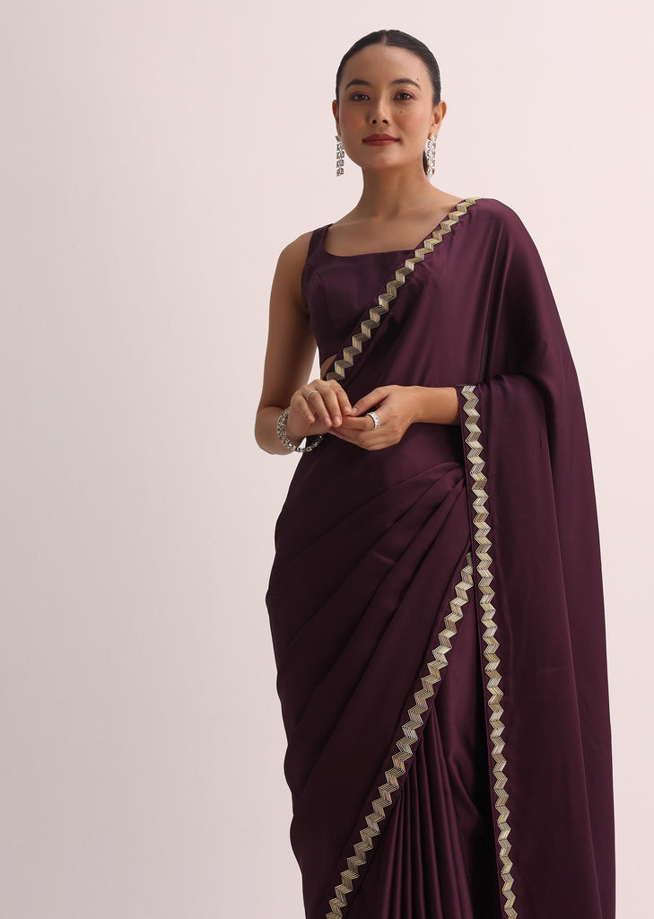 Maroon Saree With Cutdana Border And Unstitched Blouse