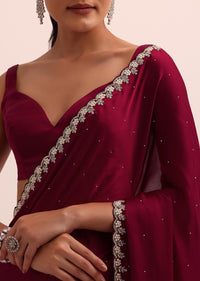 Maroon Satin Saree With Bead Work With Unstitched Blouse