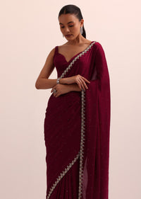 Maroon Satin Saree With Bead Work With Unstitched Blouse