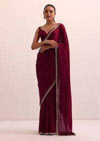 Maroon Satin Saree With Bead Work With Unstitched Blouse