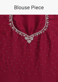 Maroon Satin Saree With Bead Work With Unstitched Blouse