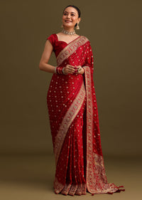 Maroon Satin Zardosi And Cutdana Embroidered Saree