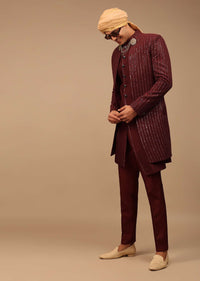 Maroon Sherwani With Thread And Sequins Work