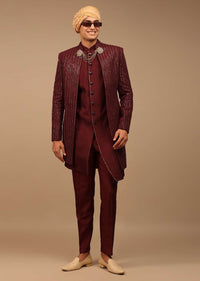 Maroon Sherwani With Thread And Sequins Work