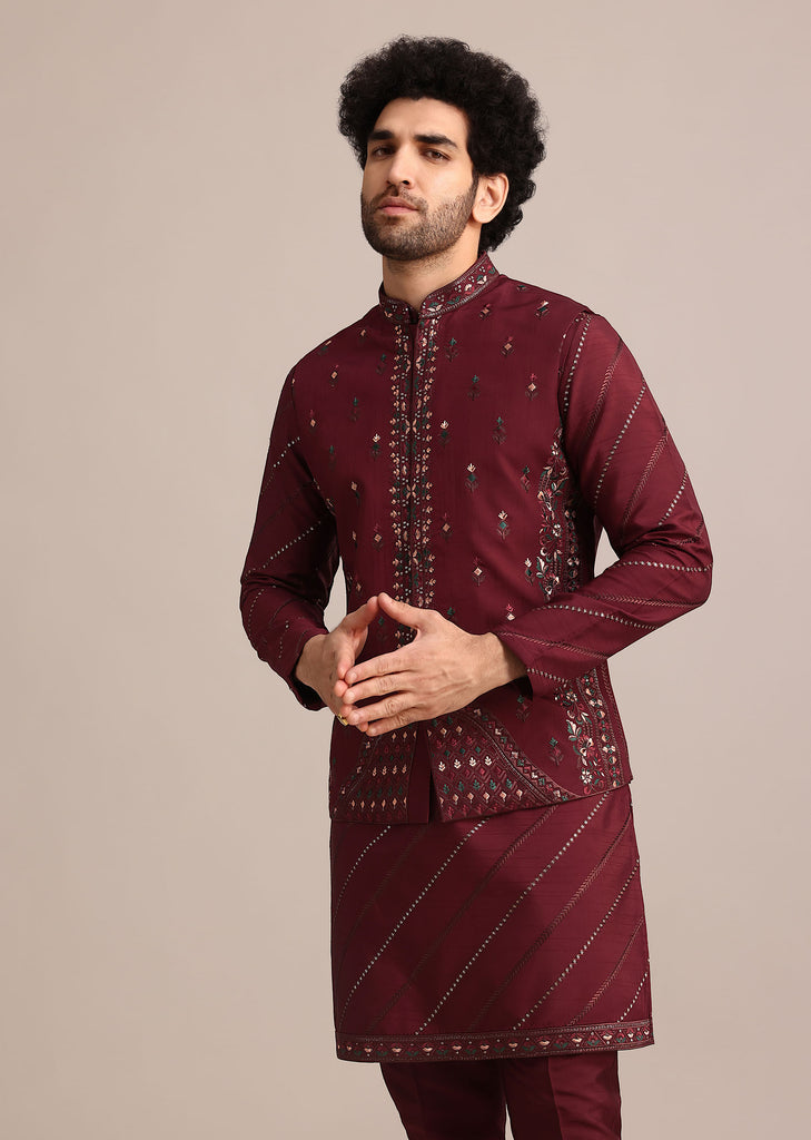 Maroon Silk Jacket Kurta Set With Embroidered Work