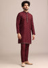 Maroon Silk Jacket Kurta Set With Embroidered Work