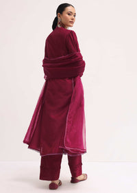 Maroon Silk Kurta Set With Dupatta In Resham Work