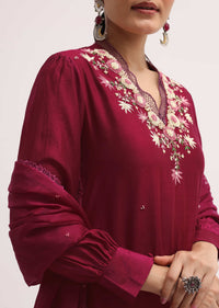 Maroon Silk Kurta Set With Dupatta In Resham Work