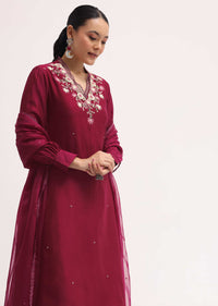 Maroon Silk Kurta Set With Dupatta In Resham Work