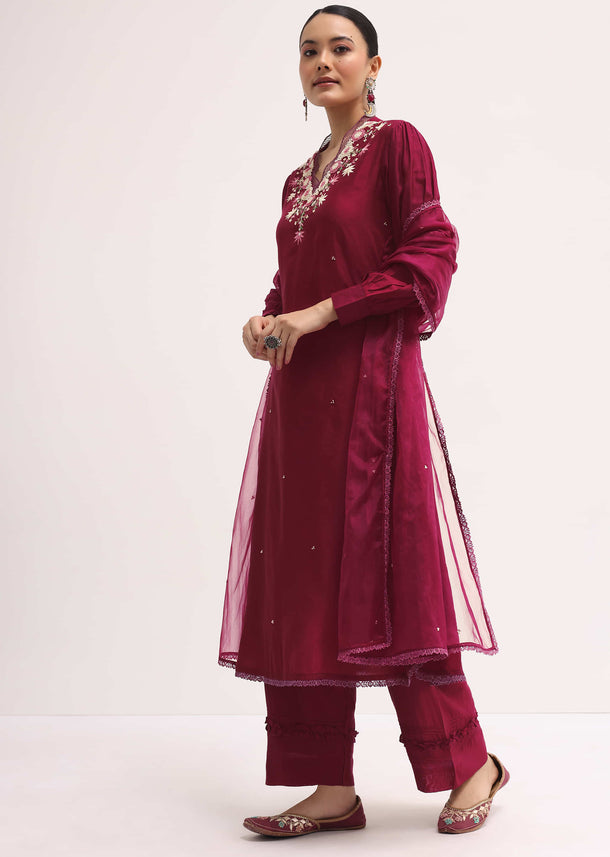 Maroon Silk Kurta Set With Dupatta In Resham Work