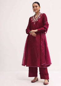 Maroon Silk Kurta Set With Dupatta In Resham Work