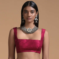 Maroon Sleeveless Blouse In Raw Silk With Square Neckline