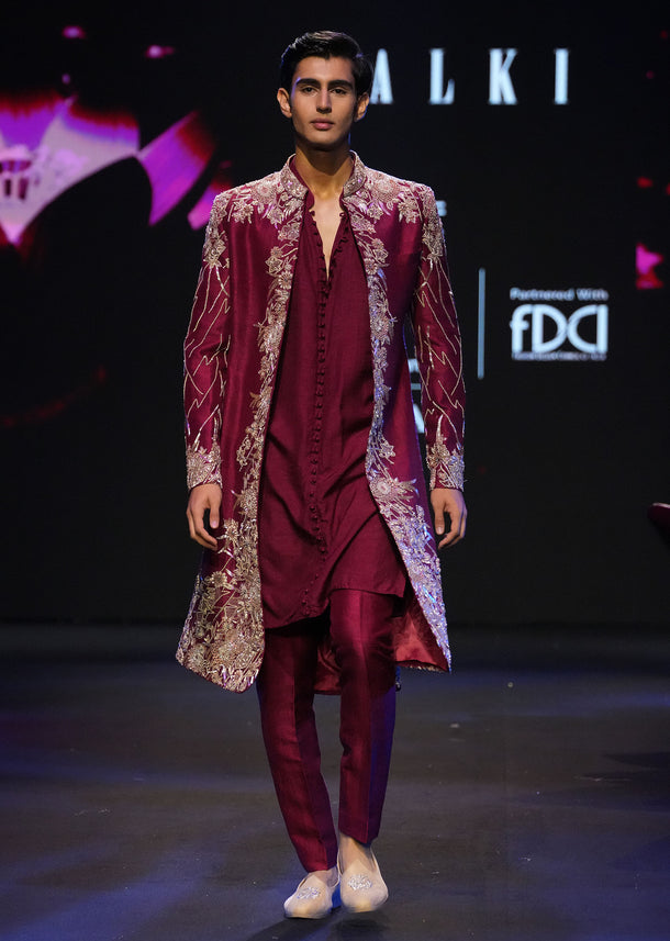 Maroon Tissue Cutdana Embroidered Sherwani Suit With Dupatta
