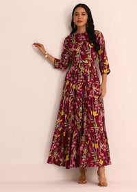 Maroon Tropical Printed Cotton Kurti With Belt