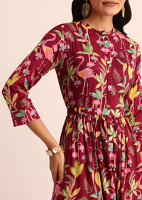 Maroon Tropical Printed Cotton Kurti With Belt