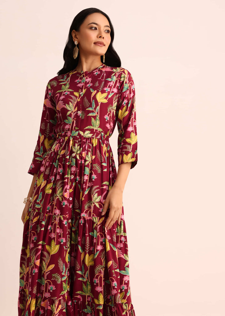 Maroon Tropical Printed Cotton Kurti With Belt