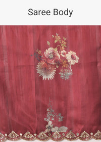 Maroon Tussar Saree With Mirror Embellished Border And Unstitched Blouse Piece