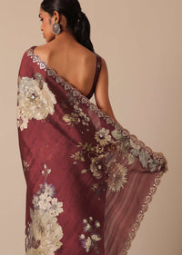 Maroon Tussar Saree With Mirror Embellished Border And Unstitched Blouse Piece