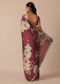 Maroon Tussar Saree With Mirror Embellished Border And Unstitched Blouse Piece