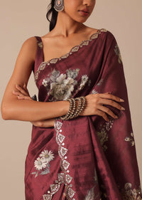 Maroon Tussar Saree With Mirror Embellished Border And Unstitched Blouse Piece