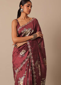 Maroon Tussar Saree With Mirror Embellished Border And Unstitched Blouse Piece