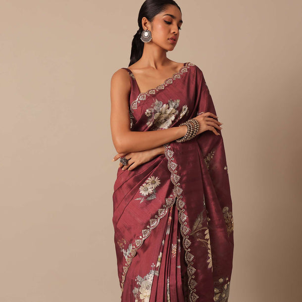 Maroon Tussar Saree With Mirror Embellished Border And Unstitched Blouse Piece