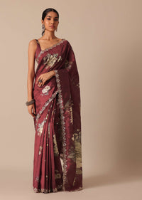 Maroon Tussar Saree With Mirror Embellished Border And Unstitched Blouse Piece