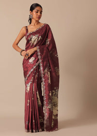 Maroon Tussar Saree With Mirror Embellished Border And Unstitched Blouse Piece